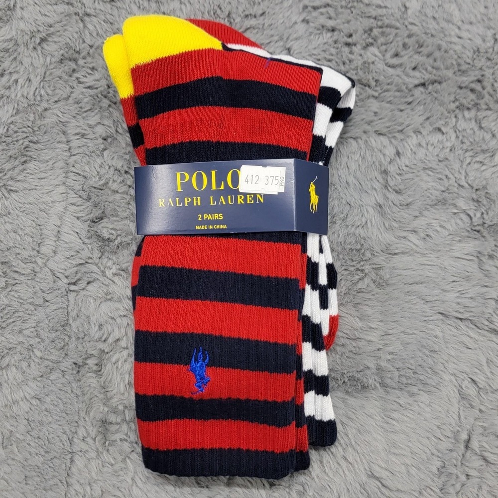 Polo Ralph Lauren Socks Mens 10-13 Red Stripe Pony Crew 2 Pairs Mid Calf